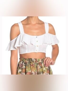 Show Me Your MuMu White Cold-Shoulder Ruffle Button Crop Top